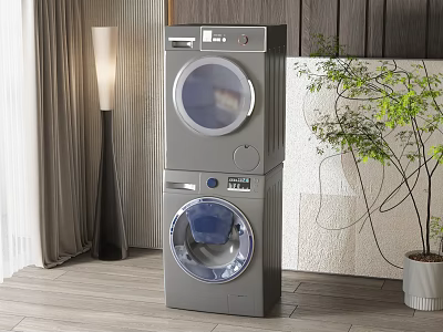 Gray Stackable Washer and Dryer in Modern Home Interior with Plant Floor Lamp Wooden Wall 3d model