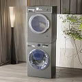 Gray Stackable Washer and Dryer in Modern Home Interior with Plant Floor Lamp Wooden Wall