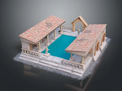 Cartoon Scene Of Stone Buildings With Red Tile Roofs Swimming Pool Statues And Railing 3d model