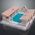 Cartoon Scene Of Stone Buildings With Red Tile Roofs Swimming Pool Statues And Railing