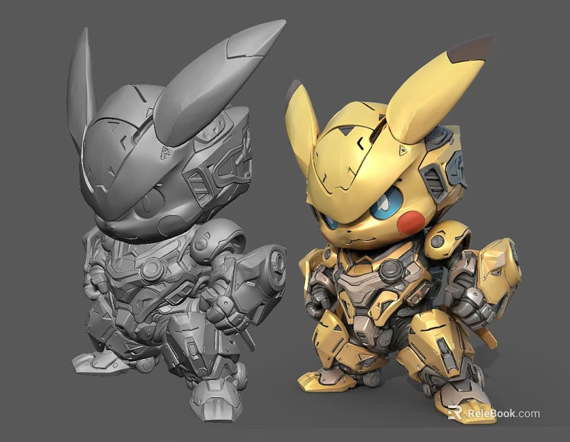 Two Gray and Gold Mechanical Pikachu Inspired Robot Figures With Detailed Armor 3d model 