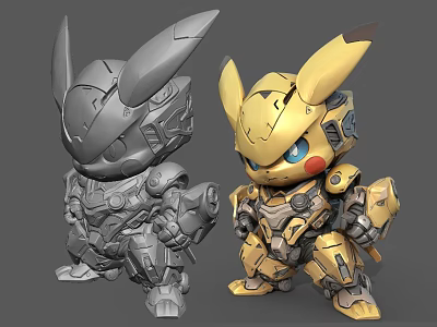 Two Gray and Gold Mechanical Pikachu Inspired Robot Figures With Detailed Armor 3d model
