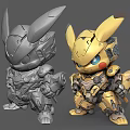 Two Gray and Gold Mechanical Pikachu Inspired Robot Figures With Detailed Armor
