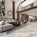 Modern Living and Dining Room Interior With Marble Counter Wooden Cabinets And Chandelier