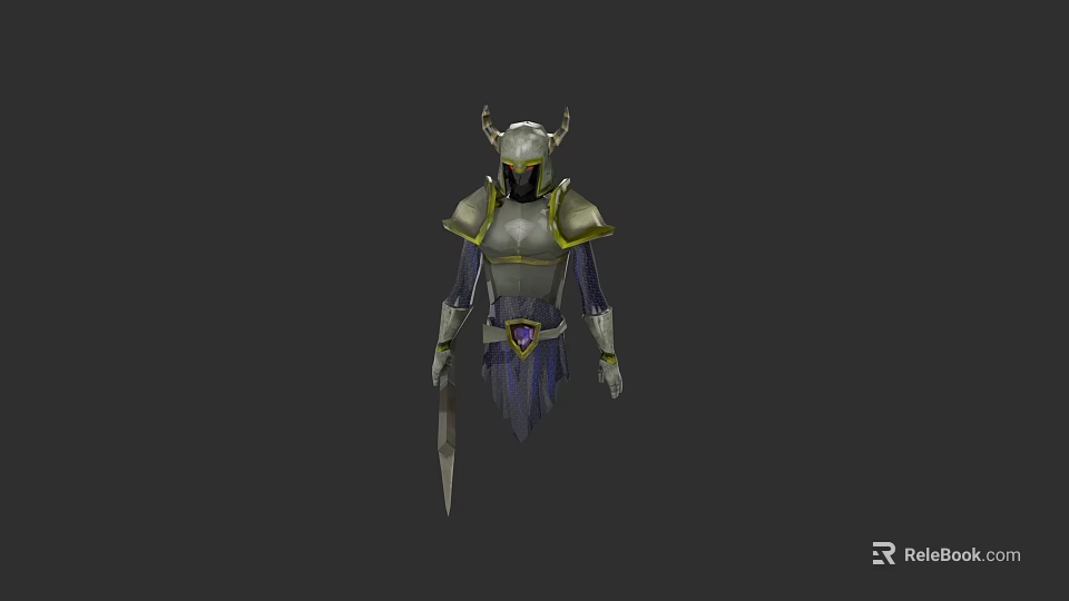 Game and Movie Character Wearing Green and Gold Armor With Horns Purple Gem and Sword 3d model 