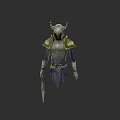 Game and Movie Character Wearing Green and Gold Armor With Horns Purple Gem and Sword