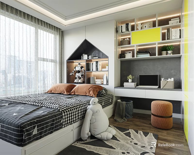 Tatami Bedroom Interior With Checkered Quilt Orange Pillows Desk Bookshelves Yellow Decor And Wooden Floor 3d model 
