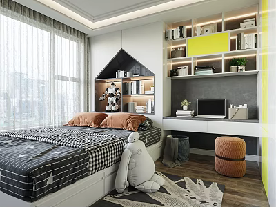 Tatami Bedroom Interior With Checkered Quilt Orange Pillows Desk Bookshelves Yellow Decor And Wooden Floor 3d model