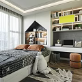 Tatami Bedroom Interior With Checkered Quilt Orange Pillows Desk Bookshelves Yellow Decor And Wooden Floor