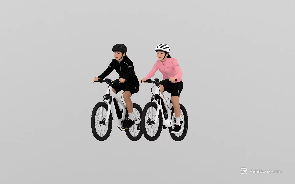 Two People Riding Bicycles With Helmets In Black And Pink Outfits 3d model 