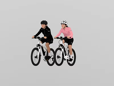 Two People Riding Bicycles With Helmets In Black And Pink Outfits 3d model