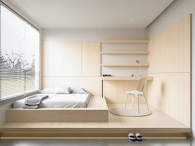 Modern Tatami Bedroom Interior With Bed Window Blinds Wooden Shelves Desk And Chair 3d model