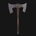 Double Edged Battle Axe Weapon With Decorative Carved Handle And Metal Blades