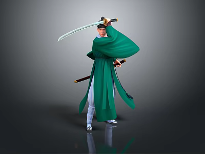 Man In Traditional Green Robe Holding Long Sword With Reflection On Gray Background 3d model