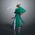 Man In Traditional Green Robe Holding Long Sword With Reflection On Gray Background 3d model