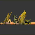 3D Rendered Plants with Yellow and Green Leaves Surrounded by Orange and Gray Stones