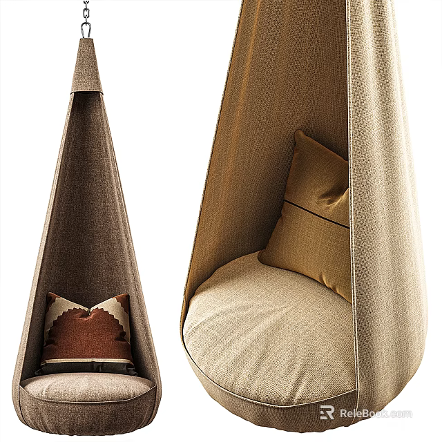 Brown and Beige Fabric Hammock Chair with Cozy Pillows for Indoor Use 3d model 