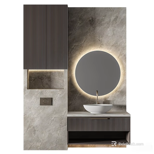 Modern Marble Washbasin Vanity with Round Backlit Mirror and Dark Striped Wall Cabinets 3d model 