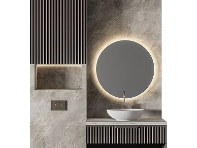 Modern Marble Washbasin Vanity with Round Backlit Mirror and Dark Striped Wall Cabinets 3d model