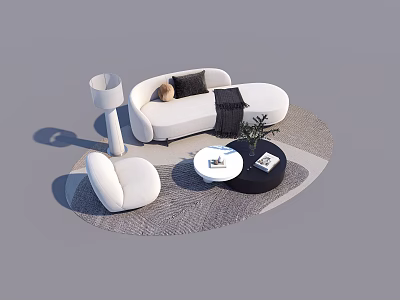 Modern White Sofa Coffee Table Set with Black Cushions Throw Blanket Round Rug Floor Lamp 3d model