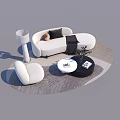 Modern White Sofa Coffee Table Set with Black Cushions Throw Blanket Round Rug Floor Lamp