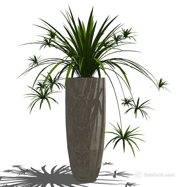 Green Leafy Potted Plant with Long Stretching Leaves in Gray Decorative Pot 3d model 