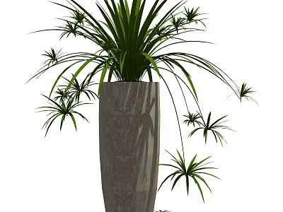 Green Leafy Potted Plant with Long Stretching Leaves in Gray Decorative Pot 3d model