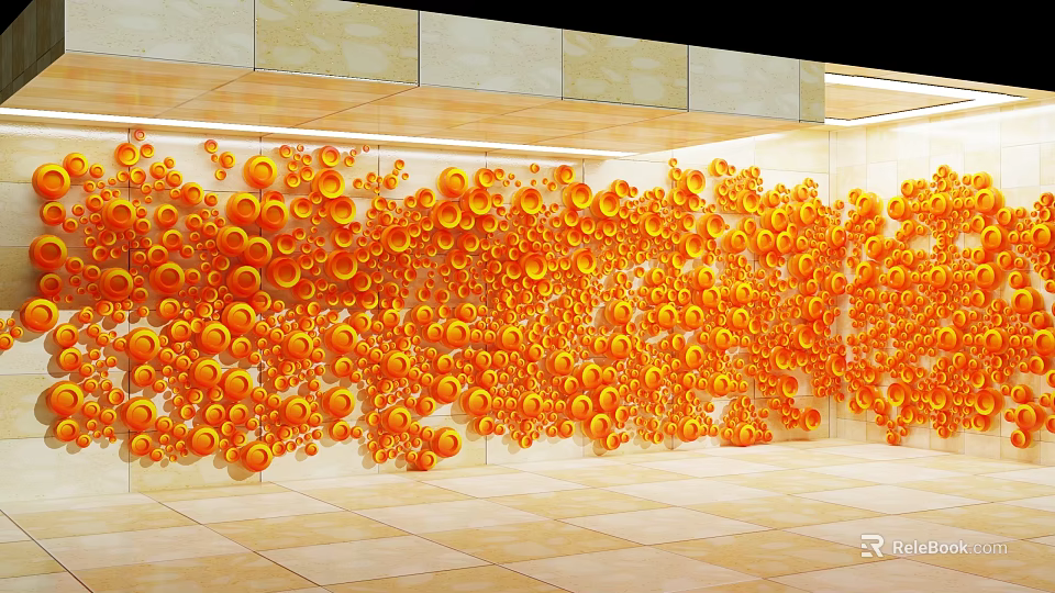 Orange Circular Wall Decor Arranged In Floral Pattern On Light Colored Wall 3d model 