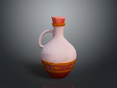 Hand Carved Ceramic Vase With Pink Body Orange Patterns And Red Rim Handle 3d model