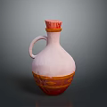 Hand Carved Ceramic Vase With Pink Body Orange Patterns And Red Rim Handle
