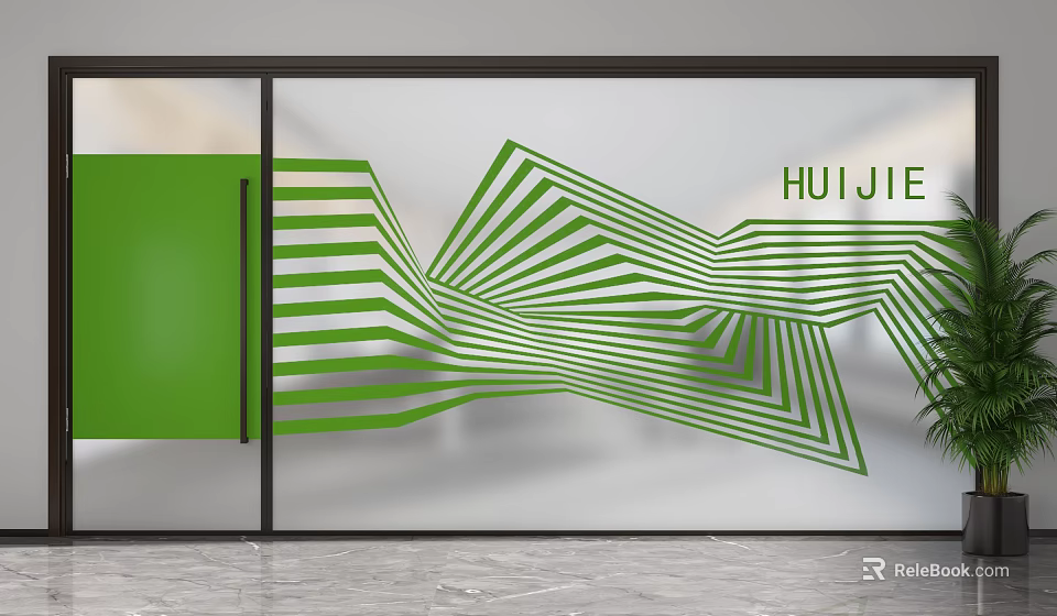 Green Geometric Pattern Glass Partition With HUIJIE Lettering In Modern Interior 3d model 