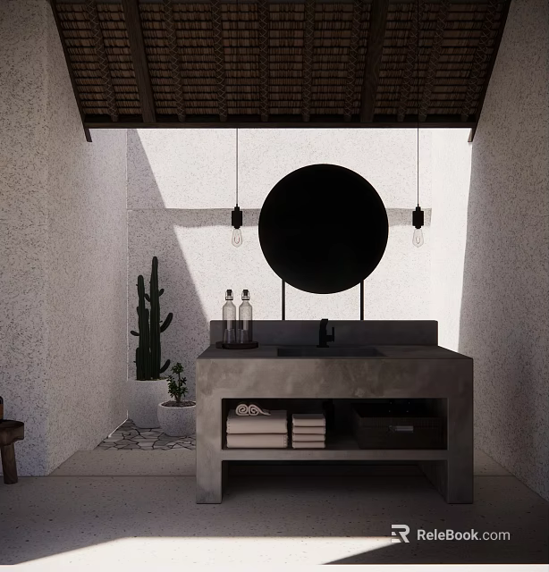 Modern Concrete Washbasin with Round Mirror Pendant Lights Cactus and Stacked Towels 3d model 