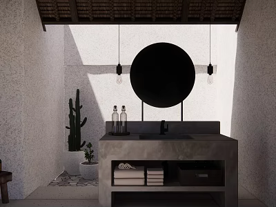 Modern Concrete Washbasin with Round Mirror Pendant Lights Cactus and Stacked Towels 3d model