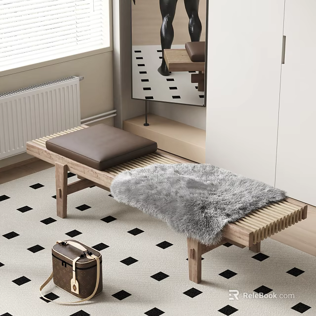 Wooden Sofa Bench with Brown Cushion Gray Fur Blanket on Black White Checkered Rug 3d model 