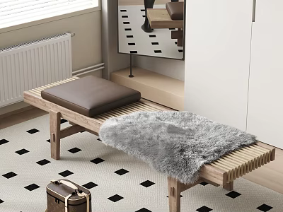 Wooden Sofa Bench with Brown Cushion Gray Fur Blanket on Black White Checkered Rug 3d model