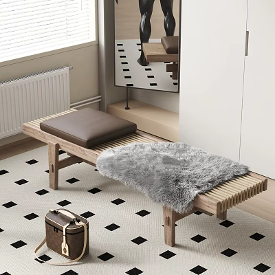 Wooden Sofa Bench with Brown Cushion Gray Fur Blanket on Black White Checkered Rug 3d model
