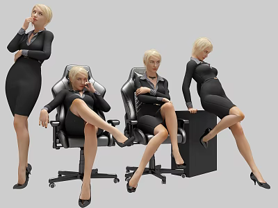 Blonde Women In Black Professional Attire Posing Near Office Chair And Desk With Different Poses 3d model