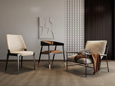 Light Fabric Leisure Chairs With Black Metal Legs Small Table Abstract Painting Textured Brick Wall 3d model