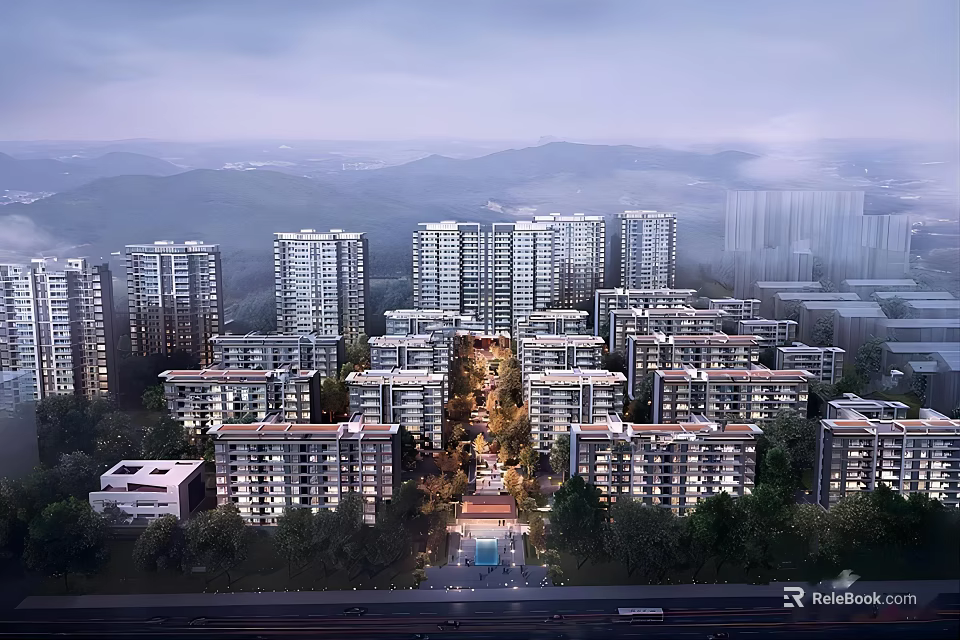 Scenic Urban Residential Community With High Rise Mid Rise Buildings Greenery And Mountain View 3d model 