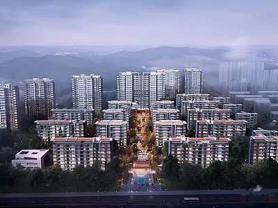 Scenic Urban Residential Community With High Rise Mid Rise Buildings Greenery And Mountain View 3d model