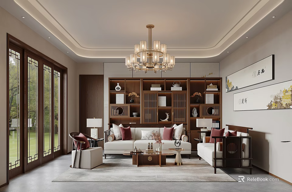 Modern Light Luxury Living Room With Wooden Bookshelf Chandelier And Sofa Sets 3d model 