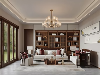 Modern Light Luxury Living Room With Wooden Bookshelf Chandelier And Sofa Sets 3d model