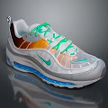 White and Orange Sports Sneakers with Green Laces Blue Air Cushion Sole and Swoosh Design