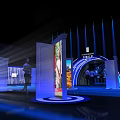 Futuristic Stage Setup With Large Screen Blue Lighting And Audience Seats 3d model