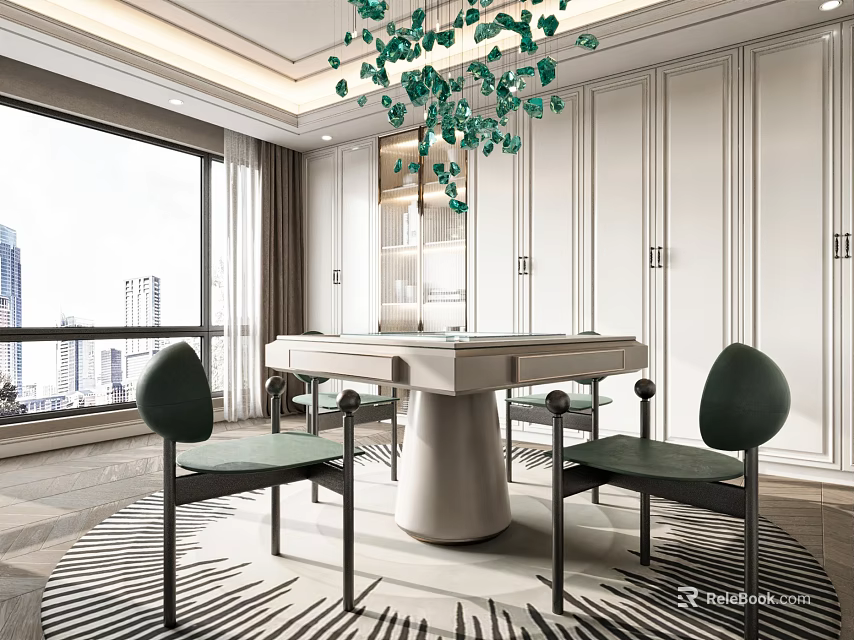 Modern Hotel Mahjong Room Interior With White Table Green Chairs And City View Chandelier 3d model 
