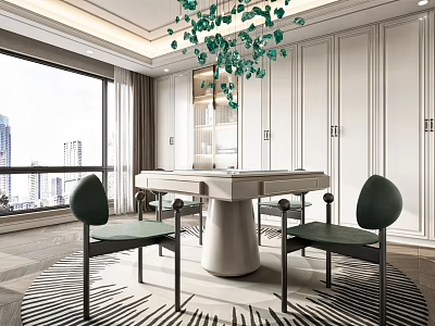 Modern Hotel Mahjong Room Interior With White Table Green Chairs And City View Chandelier 3d model