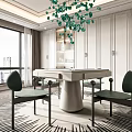Modern Hotel Mahjong Room Interior With White Table Green Chairs And City View Chandelier