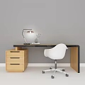 Modern Office Desk with White Chair Wooden Drawer Cabinet Table Lamp and Small Plant