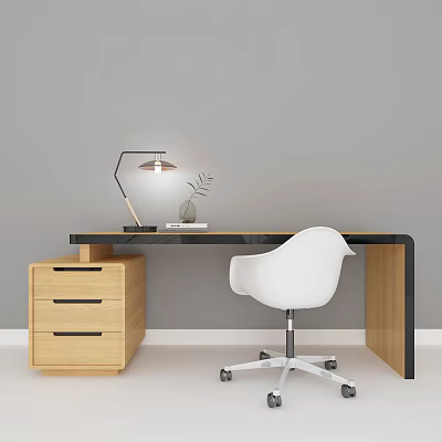 Modern Office Desk with White Chair Wooden Drawer Cabinet Table Lamp and Small Plant 3d model