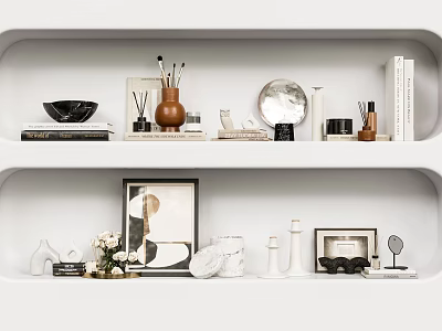 Elegant Decorative Ornaments Display On White Shelves With Photo Frames Vases Mirror Books And Sculptures 3d model